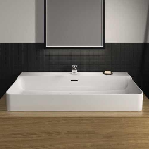 Immagine di Ideal Standard CONCA lavabo rettificato rettangolare sospeso o da appoggio L.100 cm, monoforo, con troppopieno, colore bianco finitura lucido T383201