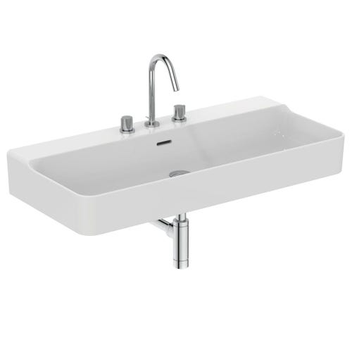 Immagine di Ideal Standard CONCA lavabo rettificato rettangolare sospeso o da appoggio L.100 cm, 3 fori, con troppopieno, colore bianco finitura lucido T383301