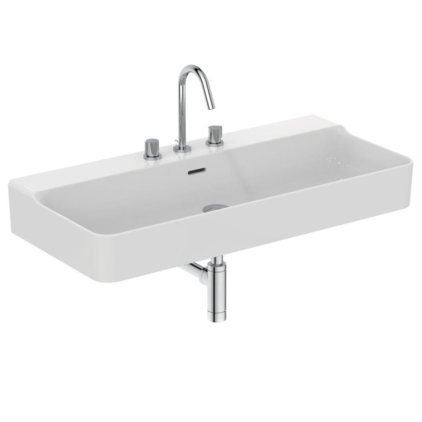 Immagine di Ideal Standard CONCA lavabo rettificato rettangolare sospeso o da appoggio L.100 cm, 3 fori, con troppopieno, colore bianco finitura lucido T383301