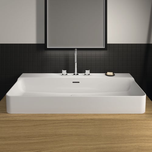 Immagine di Ideal Standard CONCA lavabo rettificato rettangolare sospeso o da appoggio L.100 cm, 3 fori, con troppopieno, colore bianco finitura lucido T383301