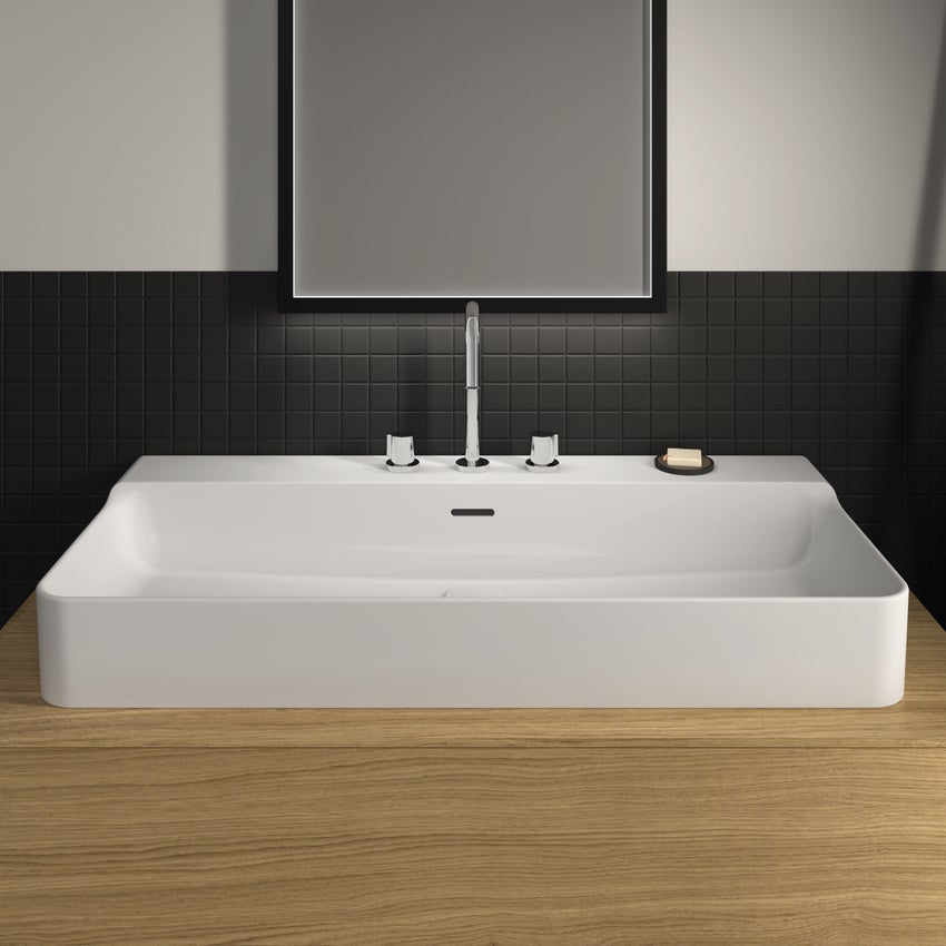 Immagine di Ideal Standard CONCA lavabo rettificato rettangolare sospeso o da appoggio L.100 cm, 3 fori, con troppopieno, colore bianco finitura lucido T383301