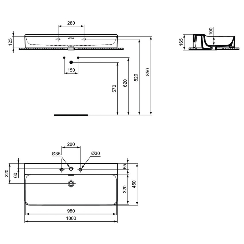Immagine di Ideal Standard CONCA lavabo rettificato rettangolare sospeso o da appoggio L.100 cm, 3 fori, con troppopieno, colore bianco finitura lucido T383301