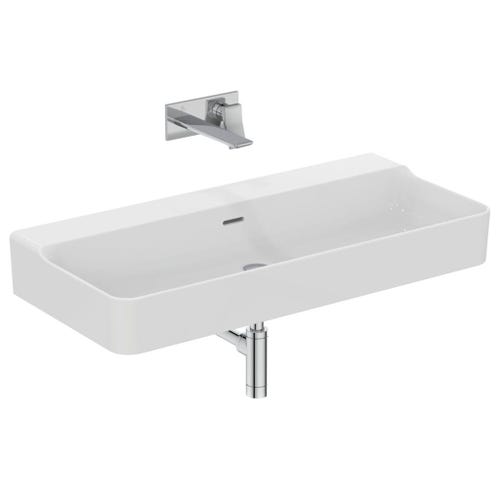 Immagine di Ideal Standard CONCA lavabo rettificato rettangolare sospeso o da appoggio L.100 cm, con troppopieno, colore bianco finitura lucido T383401