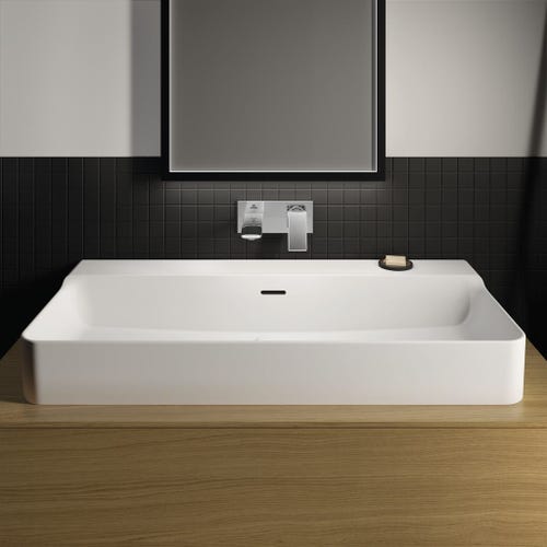 Immagine di Ideal Standard CONCA lavabo rettificato rettangolare sospeso o da appoggio L.100 cm, con troppopieno, colore bianco finitura lucido T383401