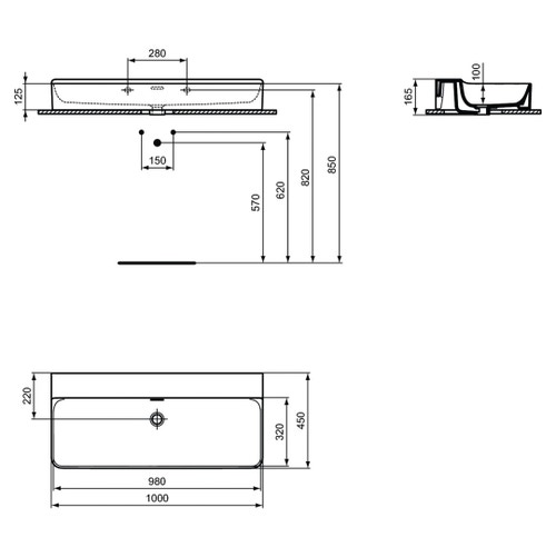 Immagine di Ideal Standard CONCA lavabo rettificato rettangolare sospeso o da appoggio L.100 cm, con troppopieno, colore bianco finitura lucido T383401