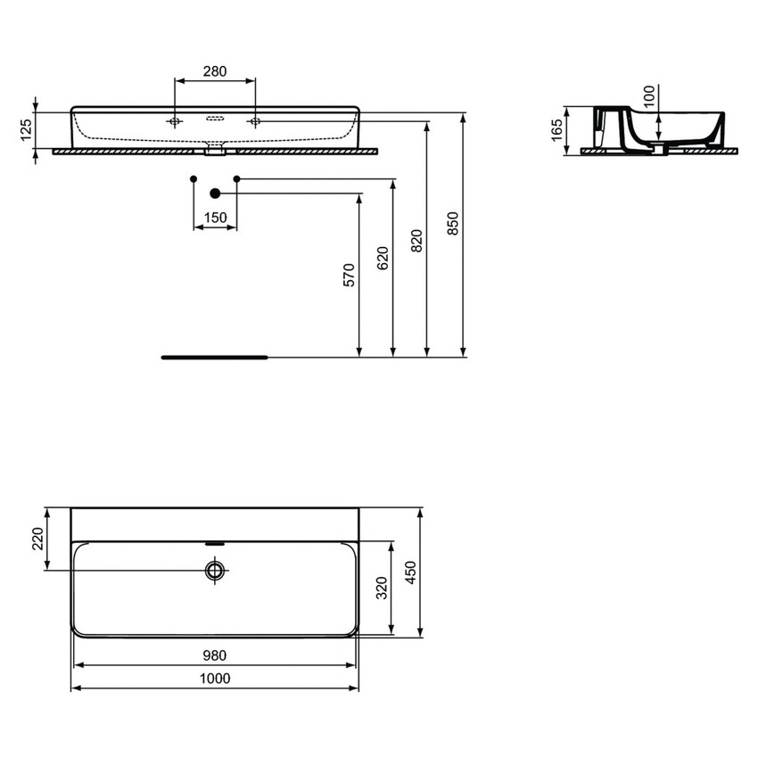 Immagine di Ideal Standard CONCA lavabo rettificato rettangolare sospeso o da appoggio L.100 cm, con troppopieno, colore bianco finitura lucido T383401