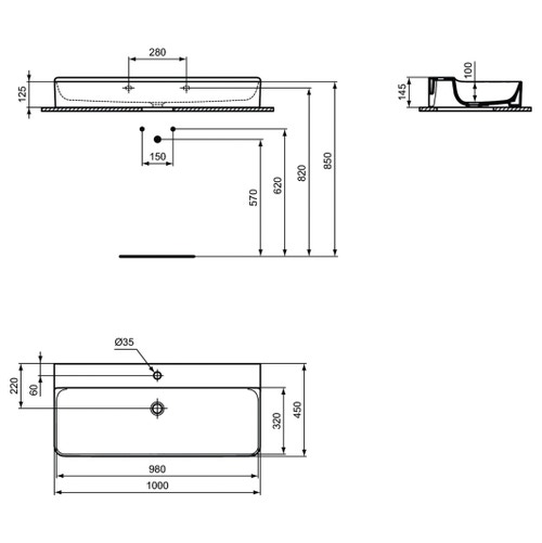 Immagine di Ideal Standard CONCA lavabo rettificato rettangolare sospeso o da appoggio L.100 cm, monoforo, senza troppopieno, colore bianco finitura lucido T383501