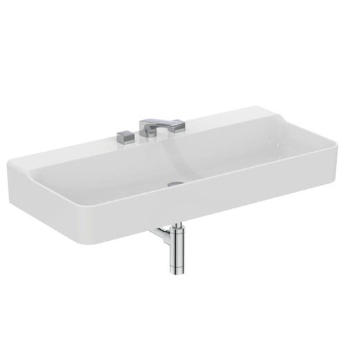 Immagine di Ideal Standard CONCA lavabo rettificato rettangolare sospeso o da appoggio L.100 cm, 3 fori, senza troppopieno, colore bianco finitura lucido T383601