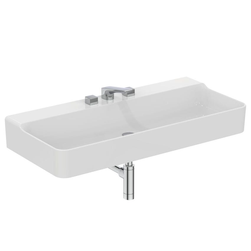 Immagine di Ideal Standard CONCA lavabo rettificato rettangolare sospeso o da appoggio L.100 cm, 3 fori, senza troppopieno, colore bianco finitura lucido T383601