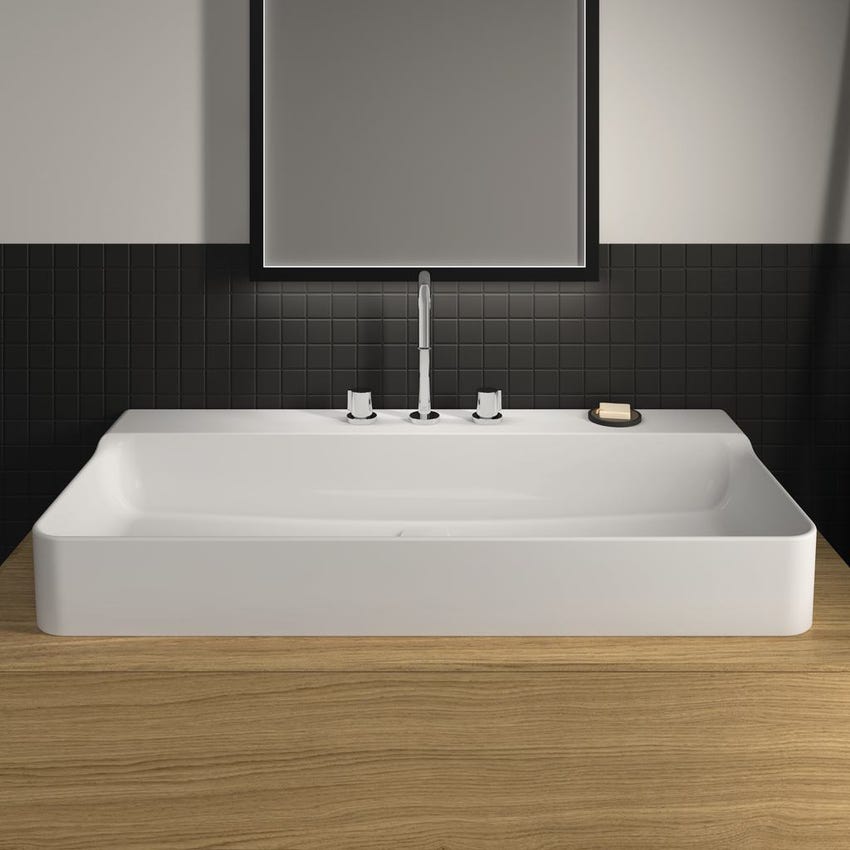 Immagine di Ideal Standard CONCA lavabo rettificato rettangolare sospeso o da appoggio L.100 cm, 3 fori, senza troppopieno, colore bianco finitura lucido T383601