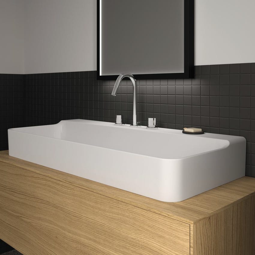 Immagine di Ideal Standard CONCA lavabo rettificato rettangolare sospeso o da appoggio L.100 cm, 3 fori, senza troppopieno, colore bianco finitura lucido T383601