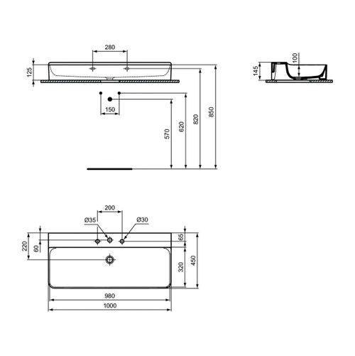 Immagine di Ideal Standard CONCA lavabo rettificato rettangolare sospeso o da appoggio L.100 cm, 3 fori, senza troppopieno, colore bianco finitura lucido T383601
