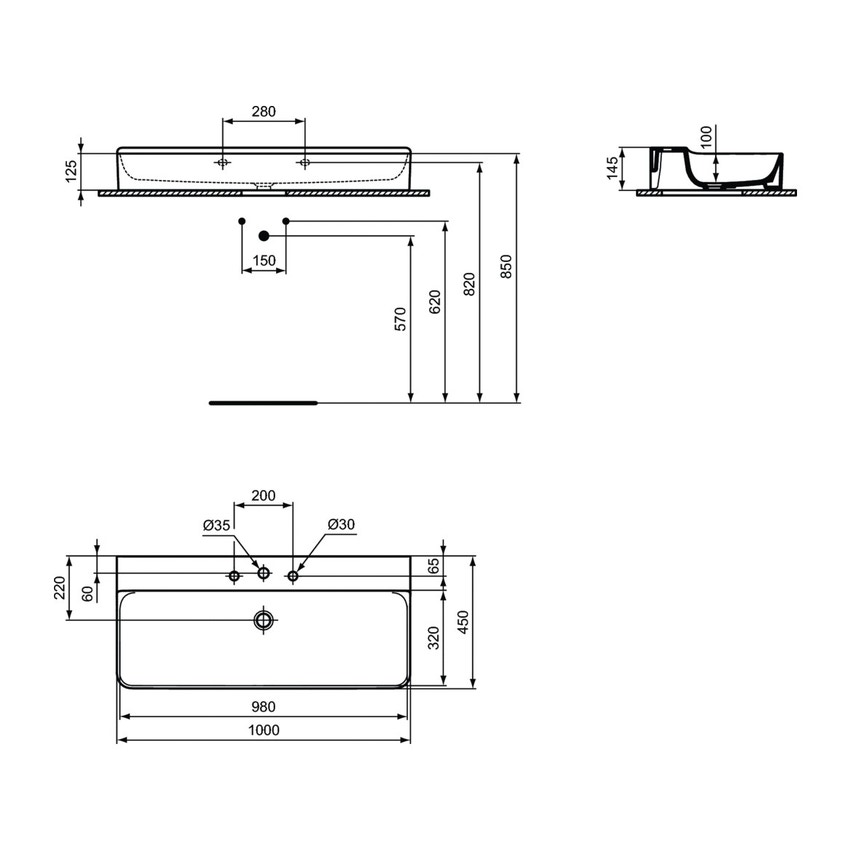 Immagine di Ideal Standard CONCA lavabo rettificato rettangolare sospeso o da appoggio L.100 cm, 3 fori, senza troppopieno, colore bianco finitura lucido T383601