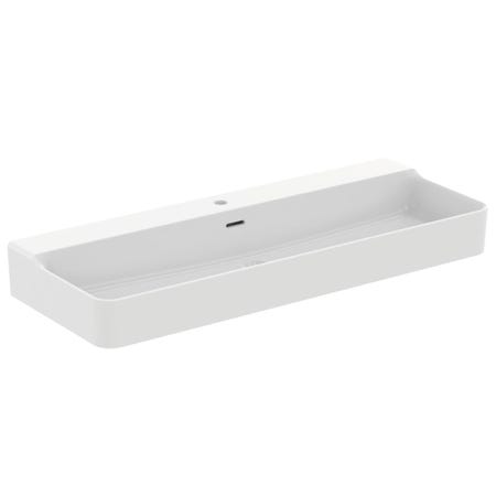 Immagine di Ideal Standard CONCA lavabo rettificato rettangolare sospeso o da appoggio L.120 cm, monoforo, con troppopieno, colore bianco finitura lucido T383801