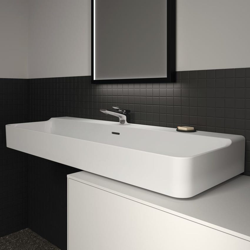 Immagine di Ideal Standard CONCA lavabo rettificato rettangolare sospeso o da appoggio L.120 cm, monoforo, con troppopieno, colore bianco finitura lucido T383801