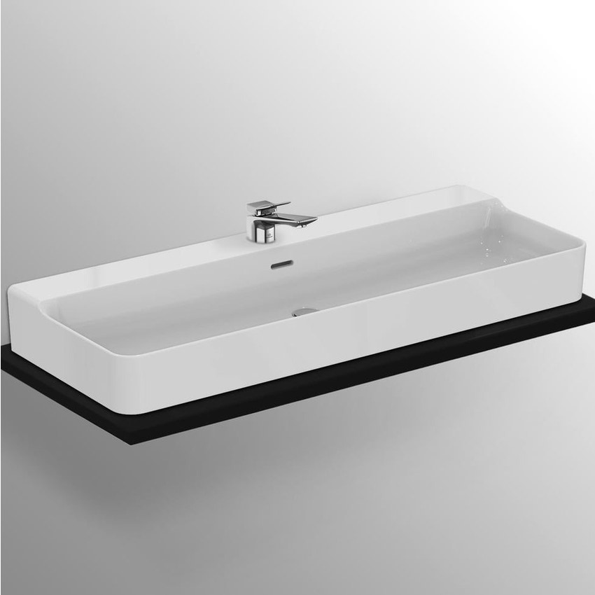 Immagine di Ideal Standard CONCA lavabo rettificato rettangolare sospeso o da appoggio L.120 cm, monoforo, con troppopieno, colore bianco finitura lucido T383801
