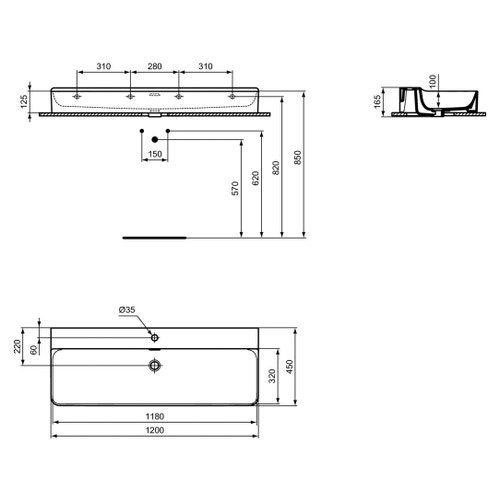 Ideal Standard T383801 CONCA lavabo rettangolare da appoggio L.120 cm,  monoforo, con troppopieno, colore bianco finitura lucido