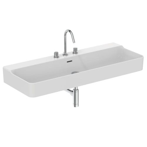 Immagine di Ideal Standard CONCA lavabo rettificato rettangolare sospeso o da appoggio L.120 cm, 3 fori, con troppopieno, colore bianco finitura lucido T384001