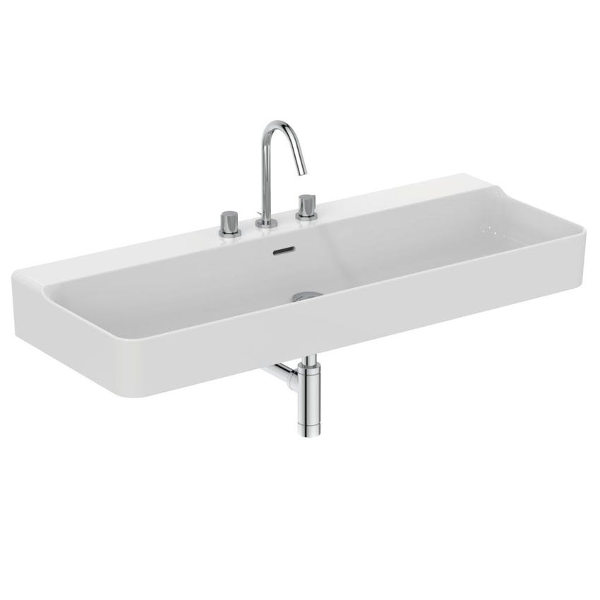 Immagine di Ideal Standard CONCA lavabo rettificato rettangolare sospeso o da appoggio L.120 cm, 3 fori, con troppopieno, colore bianco finitura lucido T384001