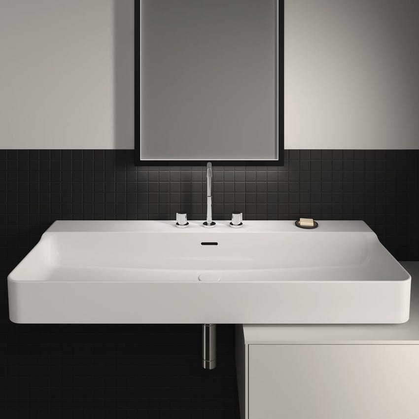 Immagine di Ideal Standard CONCA lavabo rettificato rettangolare sospeso o da appoggio L.120 cm, 3 fori, con troppopieno, colore bianco finitura lucido T384001