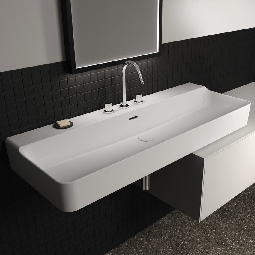 Immagine di Ideal Standard CONCA lavabo rettificato rettangolare sospeso o da appoggio L.120 cm, 3 fori, con troppopieno, colore bianco finitura lucido T384001