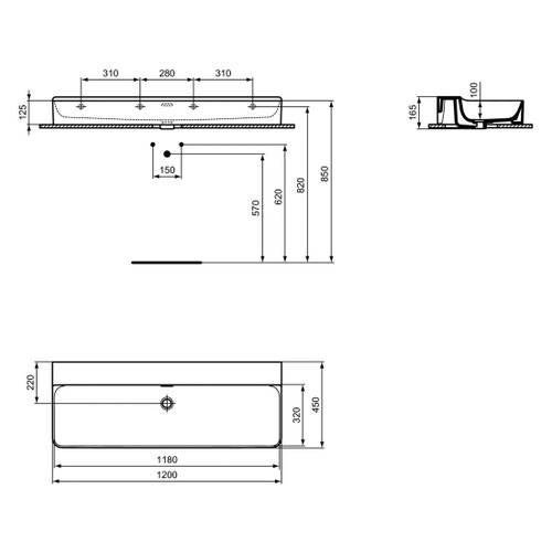 Immagine di Ideal Standard CONCA lavabo rettificato rettangolare sospeso o da appoggio L.120 cm, con troppopieno, colore bianco finitura lucido T384101