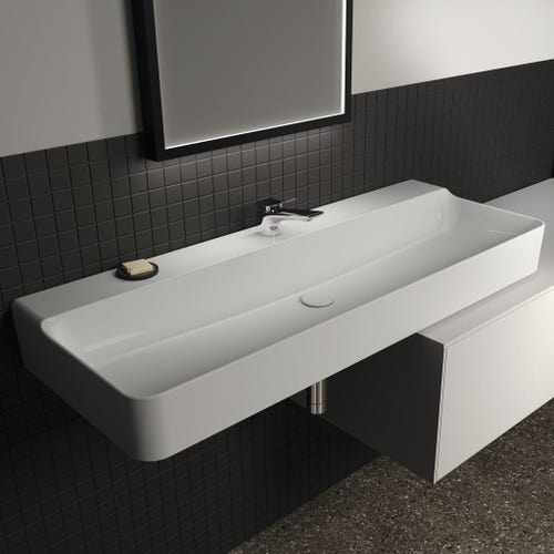 Immagine di Ideal Standard CONCA lavabo rettificato rettangolare sospeso o da appoggio L.120 cm, monoforo, senza troppopieno, colore bianco finitura lucido T384201