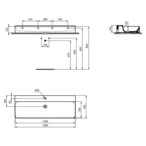 Immagine di Ideal Standard CONCA lavabo rettificato rettangolare sospeso o da appoggio L.120 cm, monoforo, senza troppopieno, colore bianco finitura lucido T384201