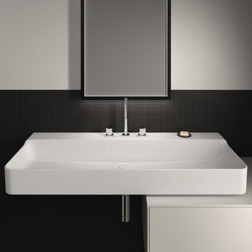 Immagine di Ideal Standard CONCA lavabo rettificato rettangolare sospeso o da appoggio L.120 cm, 3 fori, senza troppopieno, colore bianco finitura lucido T384301
