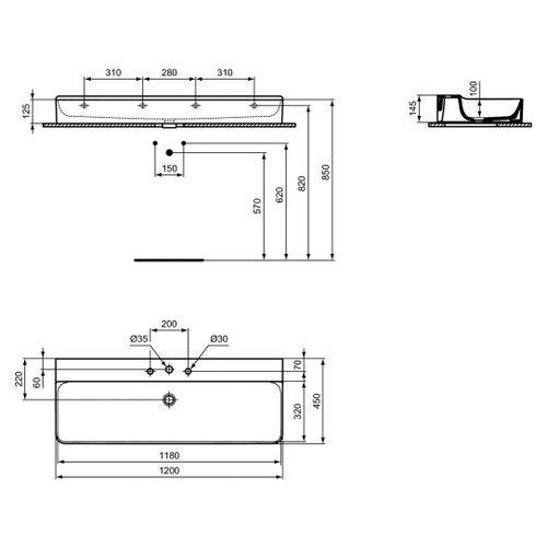 Immagine di Ideal Standard CONCA lavabo rettificato rettangolare sospeso o da appoggio L.120 cm, 3 fori, senza troppopieno, colore bianco finitura lucido T384301