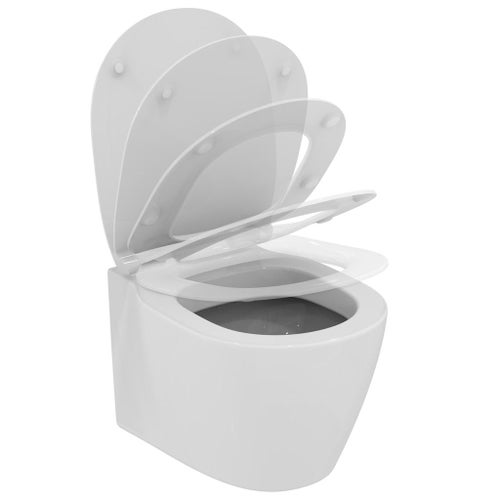 Immagine di Ideal Standard CONNECT SPACE vaso sospeso a profondità ridotta con fissaggi nascosti, con sedile slim a chiusura rallentata, colore bianco E121901