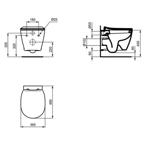 Immagine di Ideal Standard CONNECT SPACE vaso sospeso a profondità ridotta con fissaggi nascosti, con sedile slim a chiusura rallentata, colore bianco E121901