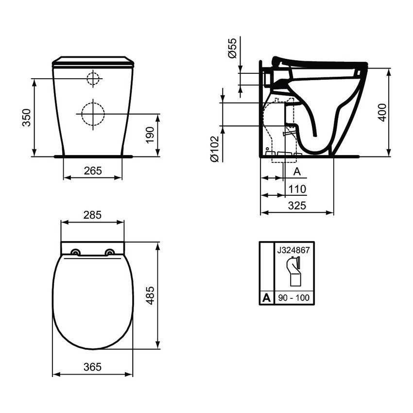 Immagine di Ideal Standard CONNECT SPACE vaso a pavimento filo parete, profondità ridotta, con fissaggi nascosti, con sedile slim a sgancio rapido, colore bianco E130901
