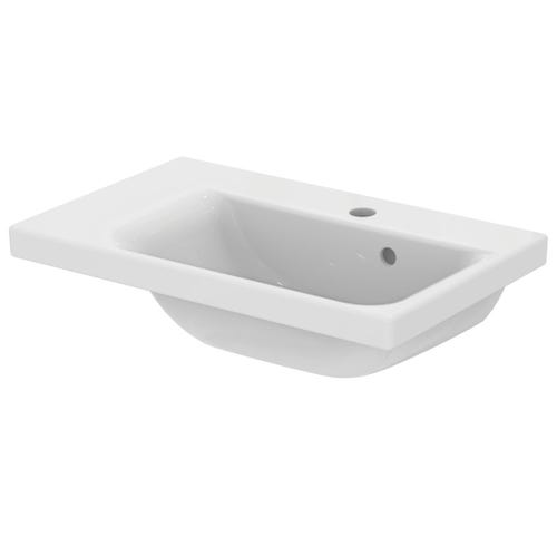 Immagine di Ideal Standard CONNECT SPACE lavabo top asimmetrico L.60 cm, con ripiano a sinistra, monoforo, con troppopieno, colore bianco E132501