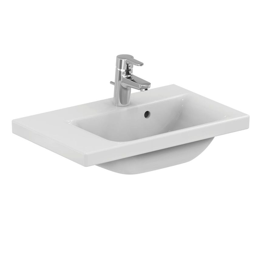 Immagine di Ideal Standard CONNECT SPACE lavabo top asimmetrico L.60 cm, con ripiano a sinistra, monoforo, con troppopieno, colore bianco E132501