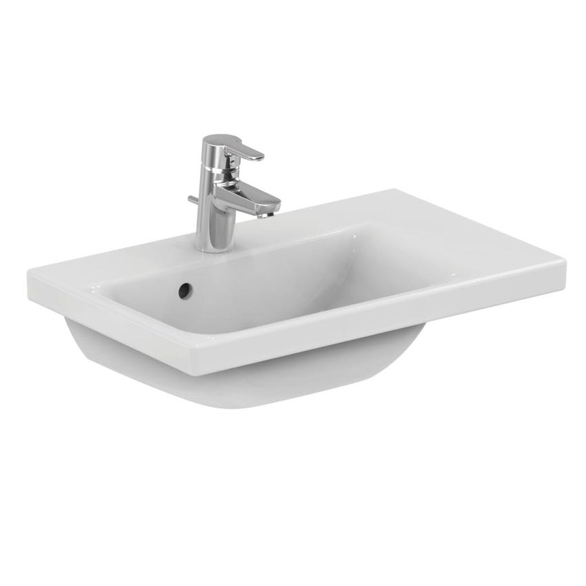 Immagine di Ideal Standard CONNECT SPACE lavabo top asimmetrico L.60 cm, con ripiano a destra, monoforo, con troppopieno, colore bianco E132601