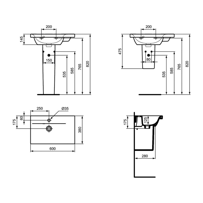 Immagine di Ideal Standard CONNECT SPACE lavabo top asimmetrico L.60 cm, con ripiano a destra, monoforo, con troppopieno, colore bianco E132601