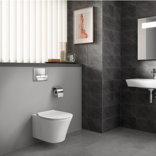 Immagine di Ideal Standard CONNECT AIR set completo sanitari sospesi, vaso con sedile a chiusura ammortizzata e bidet monoforo, colore bianco finitura lucido, moduli installazione COMBIFIX per parete in muratura 110.790.00.1-CONNECT AIR