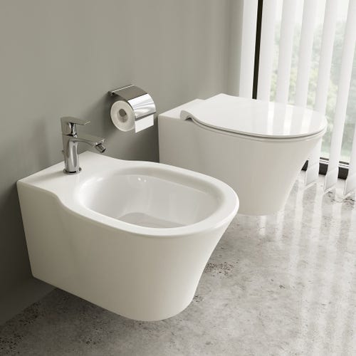 Immagine di Ideal Standard CONNECT AIR set sanitari sospesi, vaso AquaBlade® con sedile a sgancio rapido, senza discesa rallentata, bidet monoforo con troppopieno, colore bianco finitura lucido E008201-E026601
