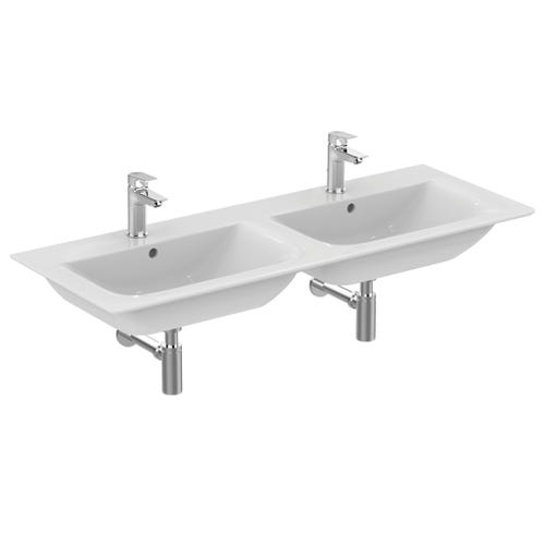 Immagine di Ideal Standard CONNECT AIR lavabo top 120 cm, con doppio bacino, monoforo per doppia rubinetteria, con troppopieno, colore bianco E027301