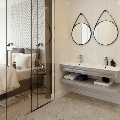 Immagine di Ideal Standard CONNECT AIR lavabo top 120 cm, con doppio bacino, monoforo per doppia rubinetteria, con troppopieno, colore bianco E027301