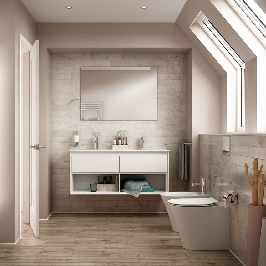 Immagine di Ideal Standard CONNECT AIR lavabo top 120 cm, con doppio bacino, monoforo per doppia rubinetteria, con troppopieno, colore bianco E027301