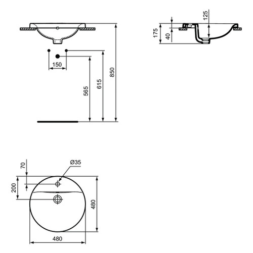 Immagine di Ideal Standard CONNECT lavabo rotondo da incasso soprapiano Ø 48 cm, monoforo, con troppopieno, colore bianco E504201