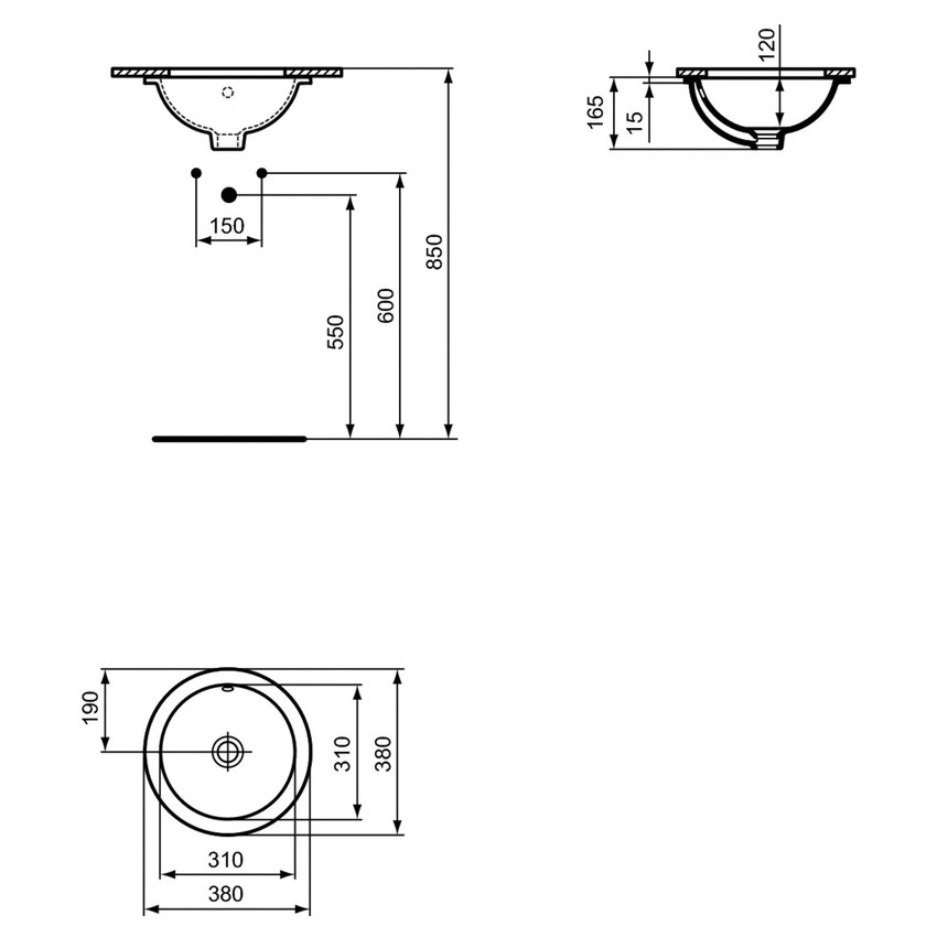 Immagine di Ideal Standard CONNECT lavabo rotondo da incasso sottopiano totale Ø 38 cm, con troppopieno, colore bianco E505201