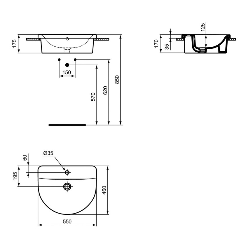 Immagine di Ideal Standard CONNECT lavabo da incasso soprapiano L.55 cm, monoforo, con troppopieno, colore bianco E797801
