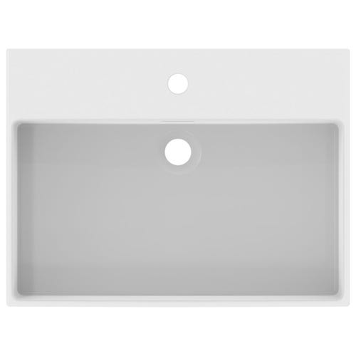 Immagine di Ideal Standard CONCA composizione bagno: lavabo d’appoggio L.60 P.45 cm, colore bianco, miscelatore monocomando con scarico, finitura cromo, mobile sottolavabo L.120 cm, finitura legno chiaro, specchio rotondo Ø80 CONCA02