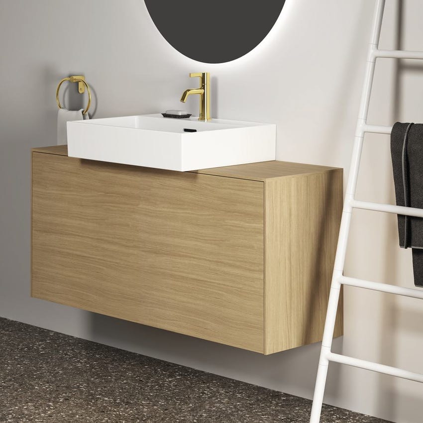 Ideal Standard CONCA composizione bagno: lavabo d'appoggio L.60 P.45 cm,  colore bianco, miscelatore monocomando con scarico, finitura cromo, mobile  sottolavabo L.120 cm, finitura legno chiaro, specchio rotondo Ø80 CONCA02