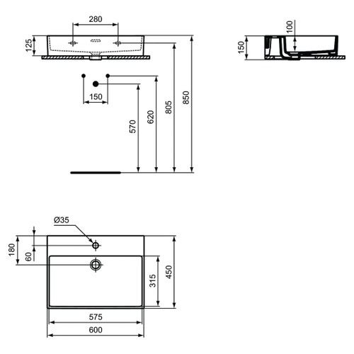 Immagine di Ideal Standard CONCA composizione bagno: lavabo d’appoggio L.60 P.45 cm, colore bianco, miscelatore monocomando con scarico, finitura cromo, mobile sottolavabo L.120 cm, finitura legno chiaro, specchio rotondo Ø80 CONCA02