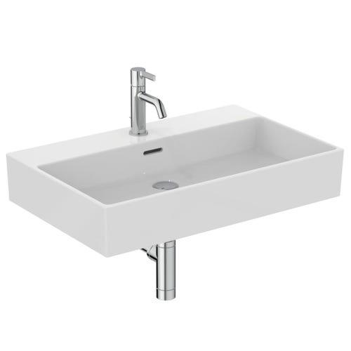 Immagine di Ideal Standard CONCA set con lavabo sospeso L.70 P.45 cm, colore bianco, miscelatore monocomando con scarico piletta, finitura cromo, mobile sottolavabo L.60 cm, colore antracite finitura opaco, specchio rotondo Ø90 CONCA07