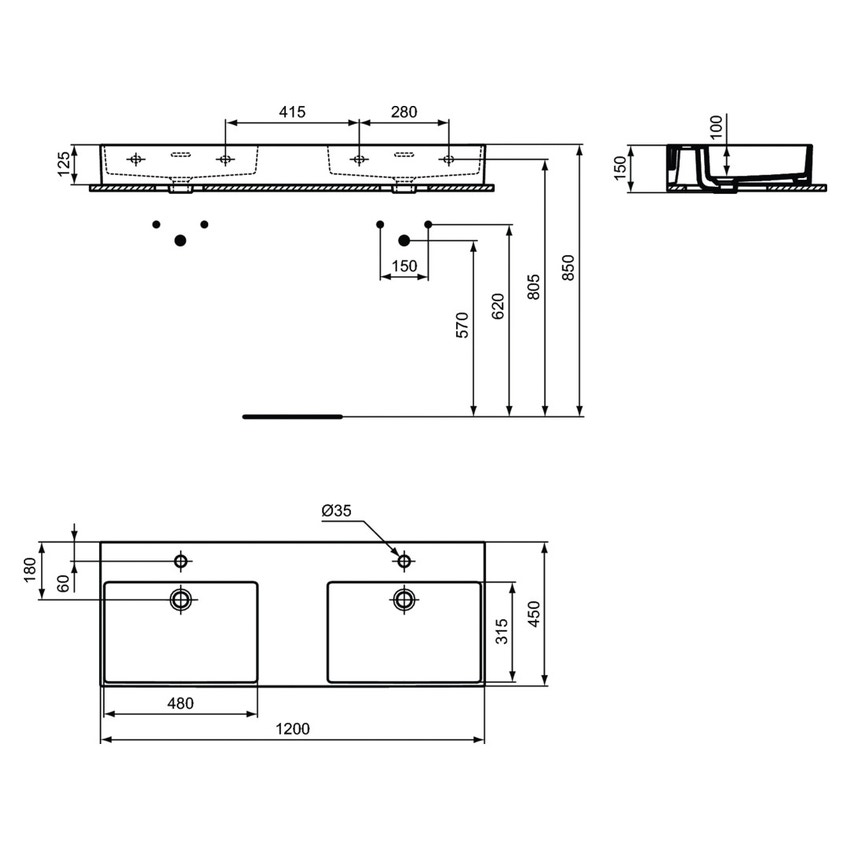 Immagine di Ideal Standard EXTRA lavabo doppio rettangolare sospeso o da appoggio L.120 cm, 2 fori, con troppopieno, colore bianco T373101